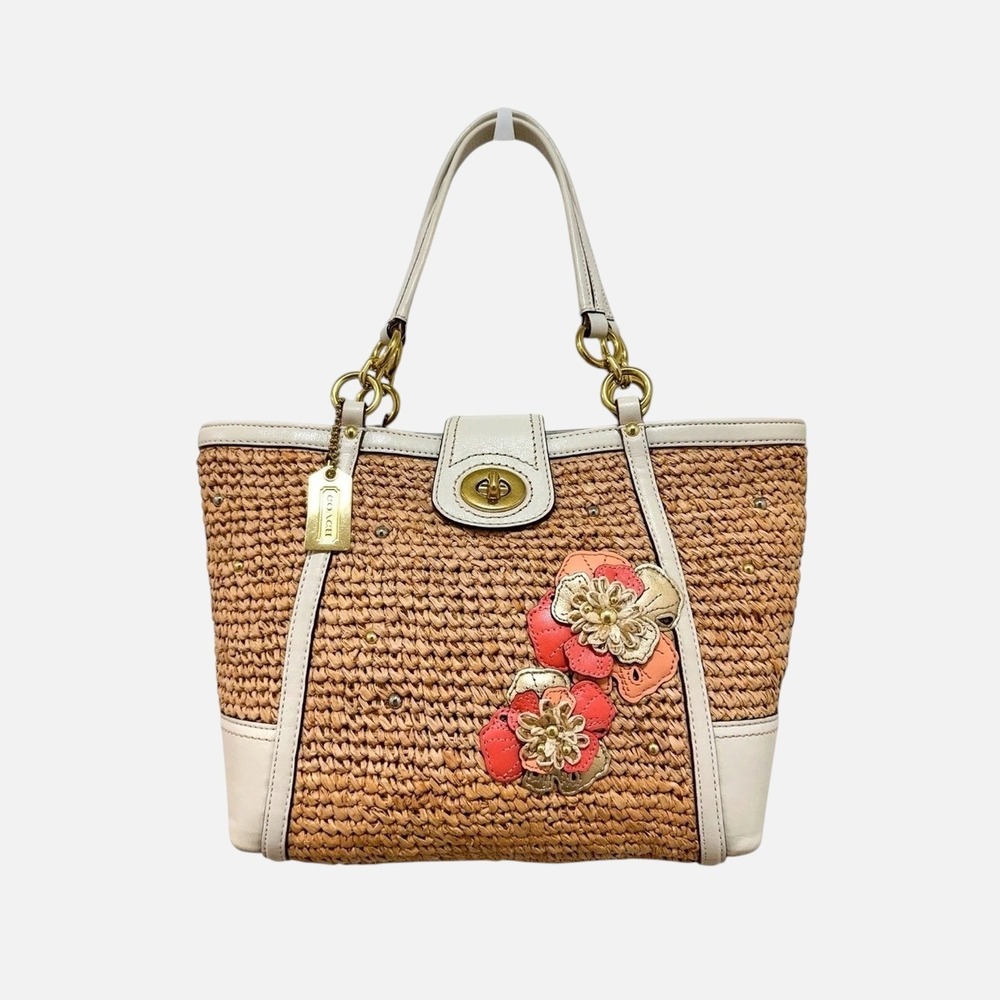 Coach Hamptons Straw Tote Bag Tea Rose Ivory Leather Turnlock 19356